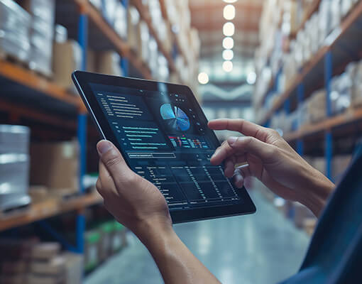 Warehouse operator reviewing WMS data on a tablet